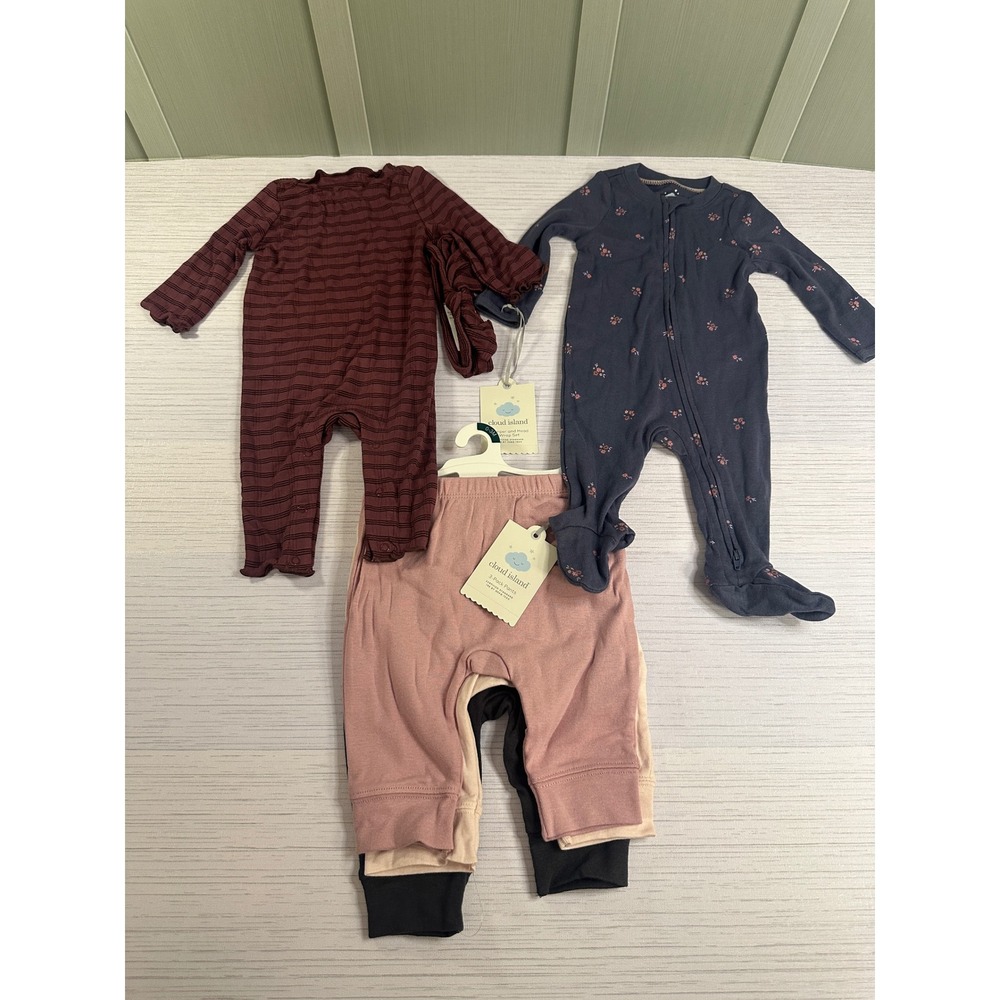 Cloud Island Baby Romper Headband and 3 Pack Pants Set 0-3M Burgundy Navy Pink